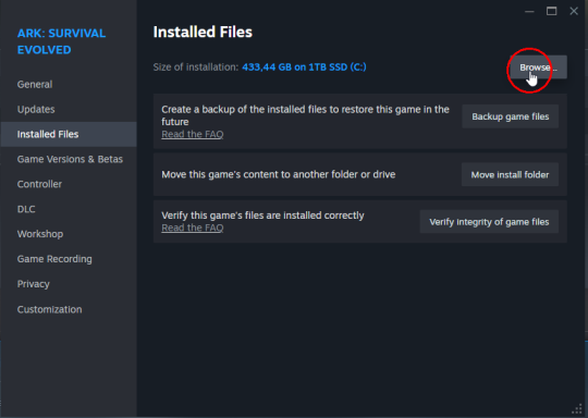 Steam installed files menu